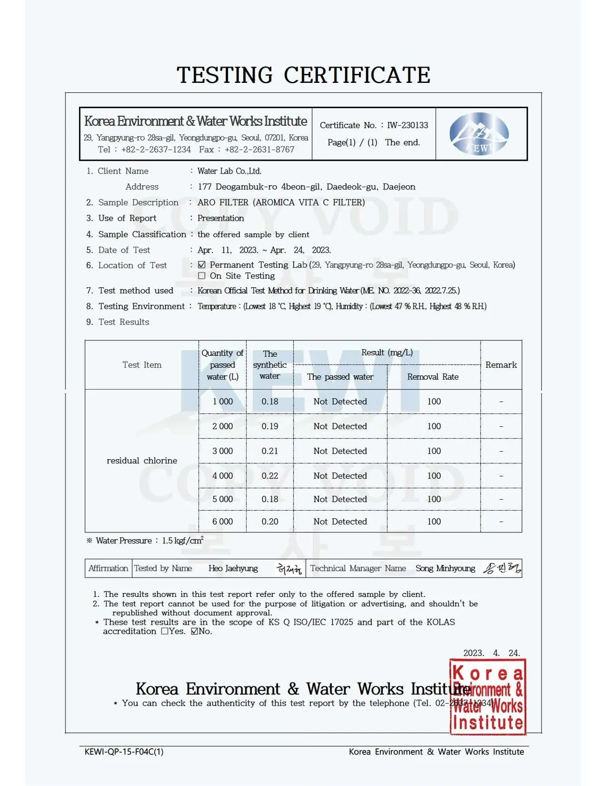 Test report_Chlorine removal test_Aromica filter