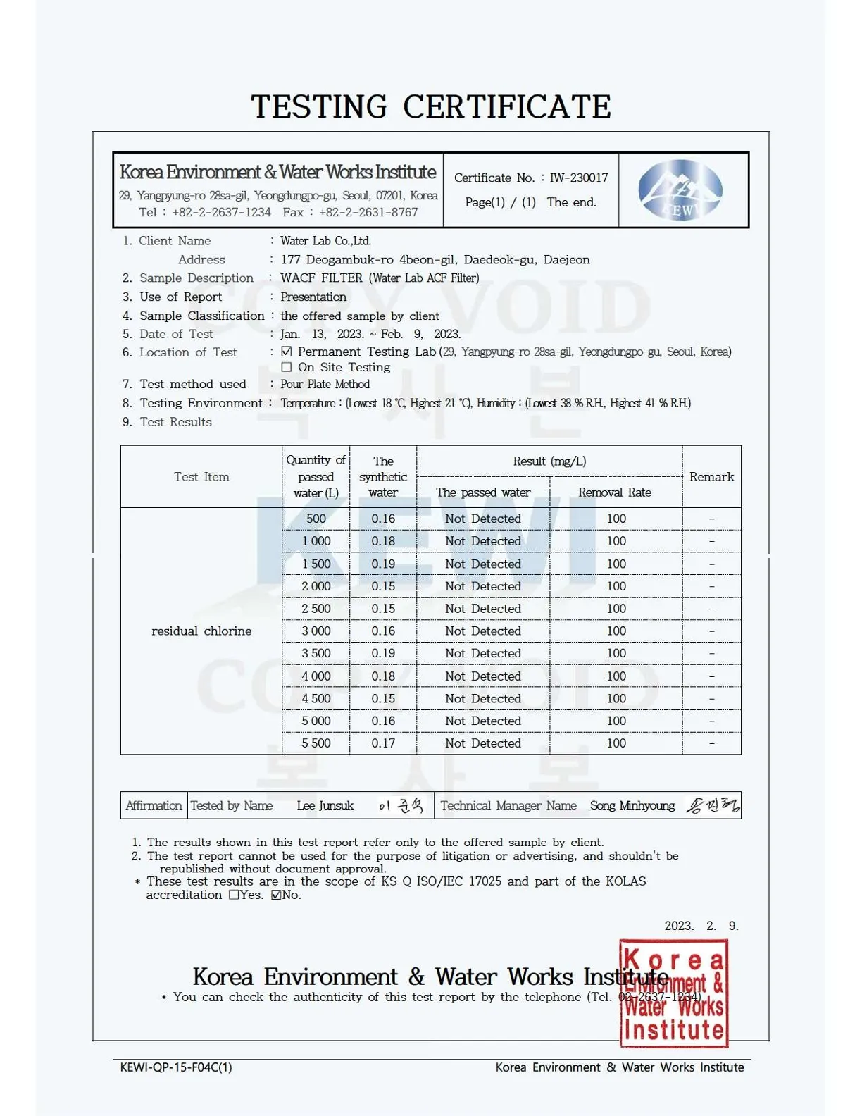Test report_WACF Chlorine removal_Water lab_IW-230017-E