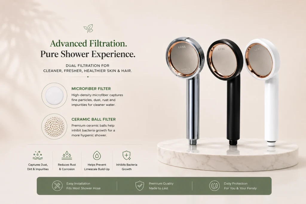 Aromica shower heads with dual filtration system featuring microfiber and ceramic ball filters for cleaner shower water